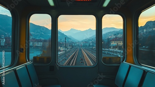 Scenic view from a train window showcasing mountains, tracks, and a sunset in the background