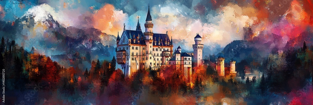 Colorful painting of a castle surrounded by trees and mountains under a cloudy sky.