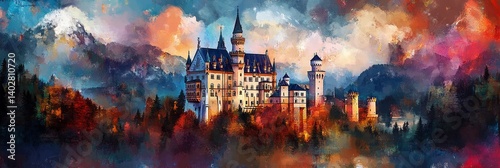 Obraz na płótnie Colorful painting of a castle surrounded by trees and mountains under a cloudy sky. w salonie