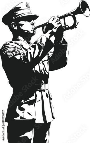 Detailed Military Bugler Silhouette Vector – Trumpet Player in Ceremonial Uniform Illustration