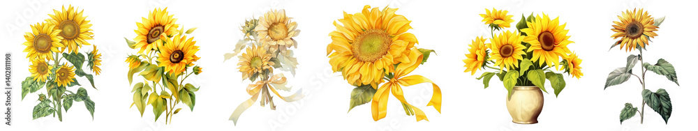 Obraz premium PNG Vintage sunflowers bouquet illustrations, element set on transparent background