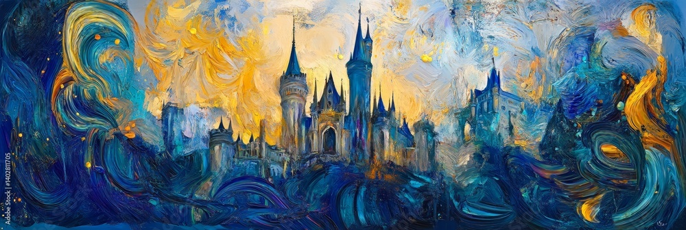 Painting of a castle with spires in blue and gold hues.