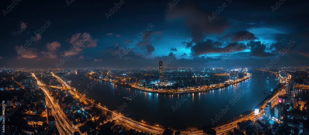 Fototapeta premium Night city river panorama, highway, clouds