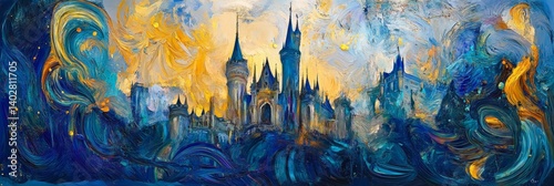 Obraz na płótnie Painting of a castle with spires in blue and gold hues. w salonie