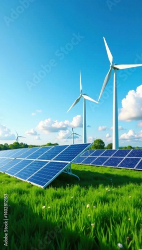 Wallpaper Mural Solar panels and wind turbines in a green energy power station with a blue sky background, sustainable energy , wind turbine, power generation Torontodigital.ca