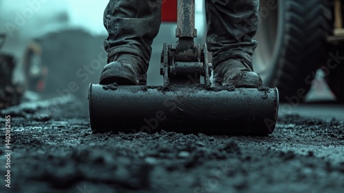Asphalt worker using a compactor to smooth road pavement. Featuring force and evenness