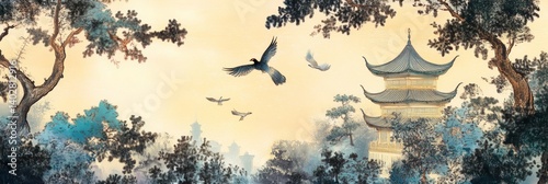 Obraz na płótnie Watercolor painting of a pagoda among trees with birds flying in the sky. w salonie