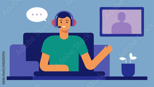 Sitting on Couch A person with a hearing impairment talks on a video call using sign language. Their computer screen shows realtime subtitles highlighting effective communication