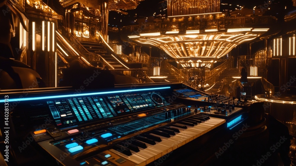 Obraz premium Futuristic music studio with glowing synthesizers and ambient lighting in a vibrant setting
