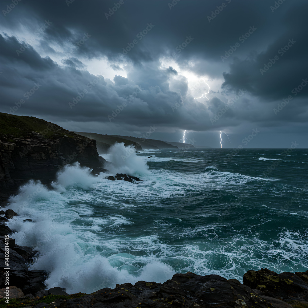 Dramatic Ocean Storm Waves Lightning Coast Dramatic Ocean Storm Waves Lightning Coast