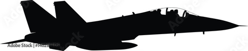 Black and white silhouette of a fighter jet with twin vertical stabilizers, highlighting power and aerodynamic design