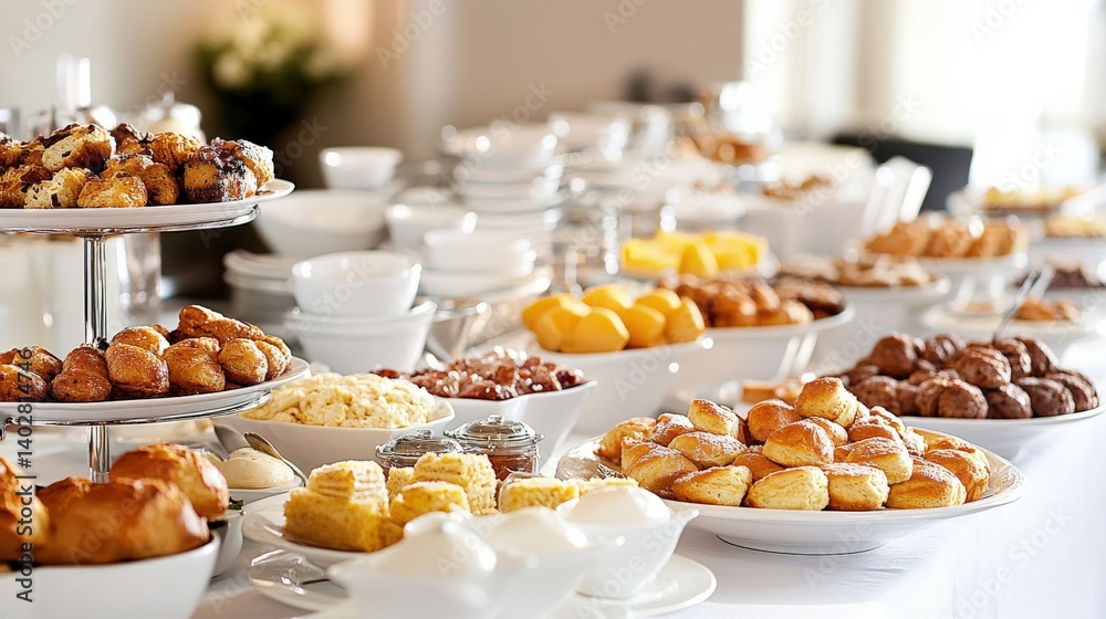 Fototapeta premium A lavish buffet display featuring a variety of pastries, desserts, and snacks in a bright dining area