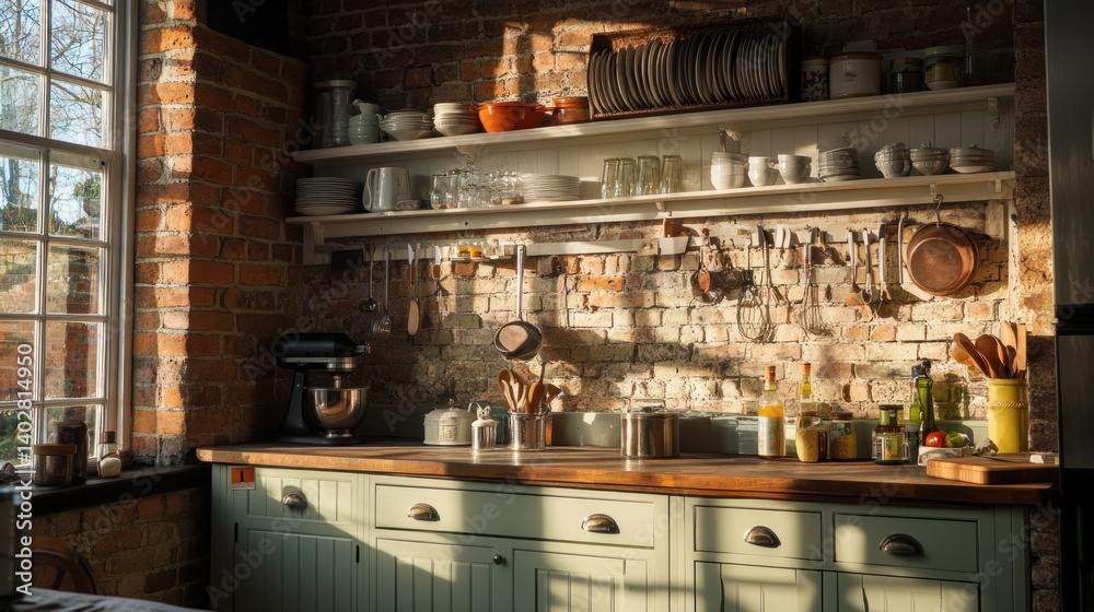 Obraz premium A Bright Rustic Kitchen Interior With Brick Walls and Sunlight