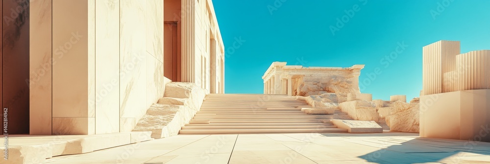 Ancient ruins with steps and columns under a clear blue sky.