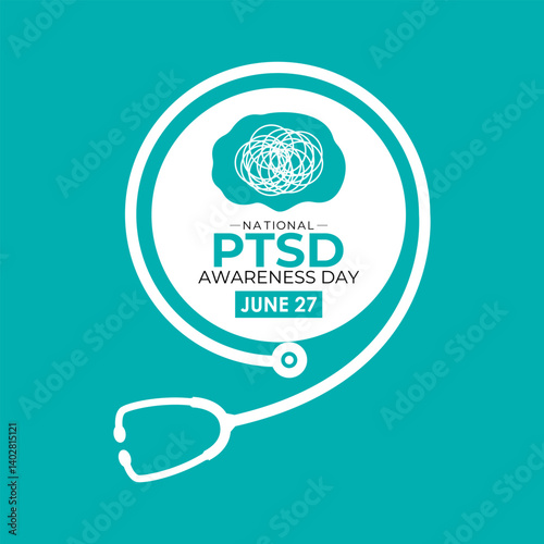 National PTSD Awareness Day is June 27. Health awareness vector. Realistic ribbon, Human and brain icon. Educate the public about post-traumatic stress disorder. Banner and background design template.