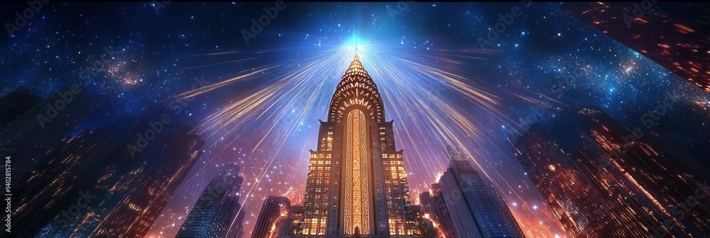 Towering structure with light beams against a dark sky background.