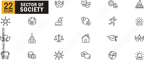 Sector of society outline icon set. Representing healthcare, government, education, economy, transportation, environment, and social services.
