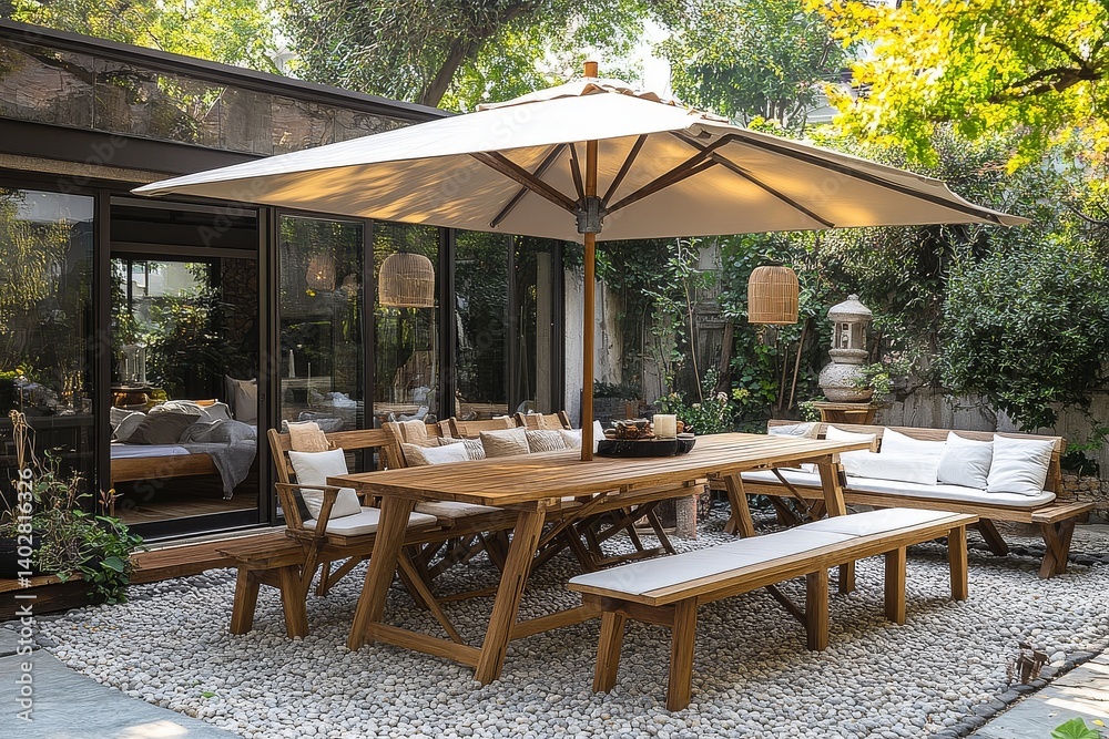 Fototapeta premium Outdoor dining set with wooden garden table, white-cushioned chairs, umbrella, and wooden benches by the seaside or pool.