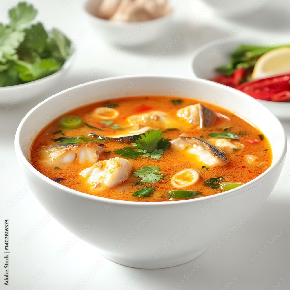 Spicy Fish Soup with Cilantro Garnish in White Bowl Spicy Fish Soup with Cilantro Garnish in White Bowl