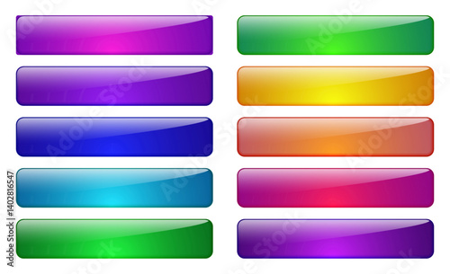 3d rectangle web glass button vector in blue, pink, purple, green, orange color. Glossy banner frame search bar, rectangular label sign for website.