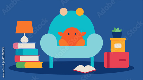 Reading Nook An inviting reading nook with a cozy chair a large plush pillow and a small table with resources like large print books and sensory toys for children.