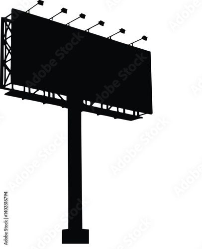 Black and white silhouette of a blank roadside billboard standing tall on a single pole