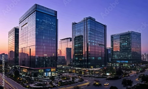 The glass facades of Delhi Business Hub's skyscrapers reflecting the bustling streets, highlighting the intersection of business and modern city life