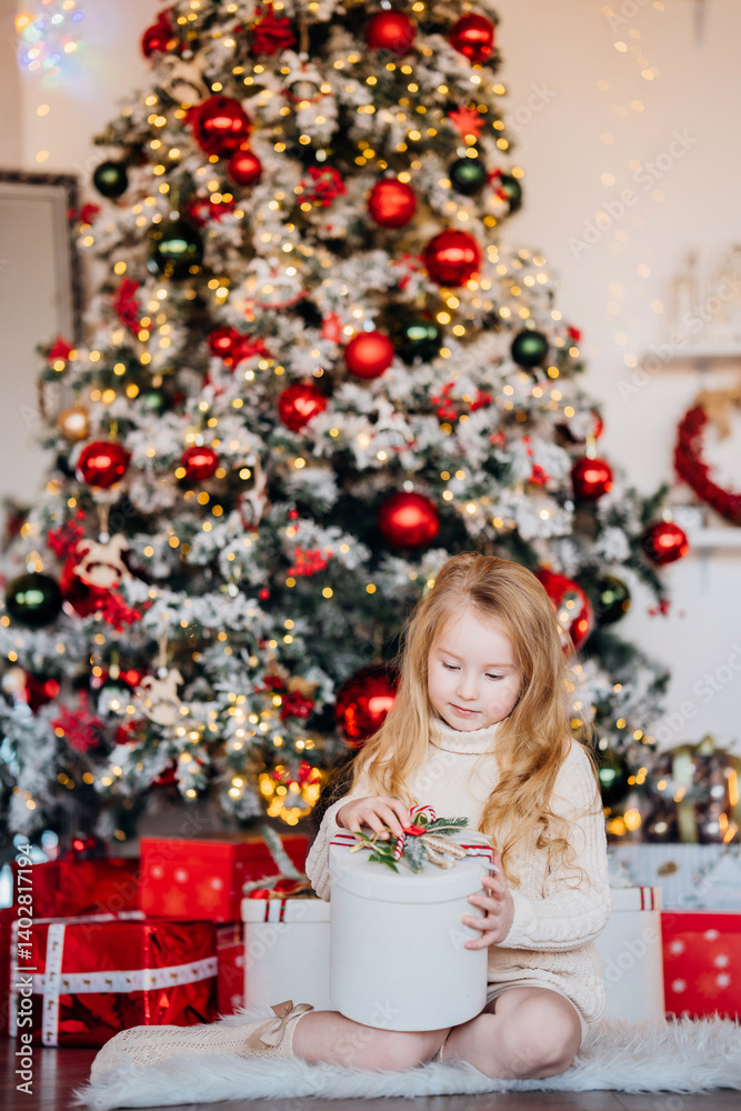 Beautiful little girl with a gift at the Christmas tree.