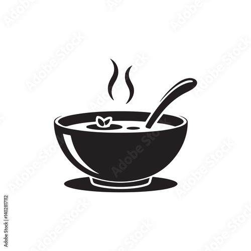  Vector illustration of a bowl of soup with herbs and vegetables in black bowl on plate, stylized design for food, restaurant, or culinary themes