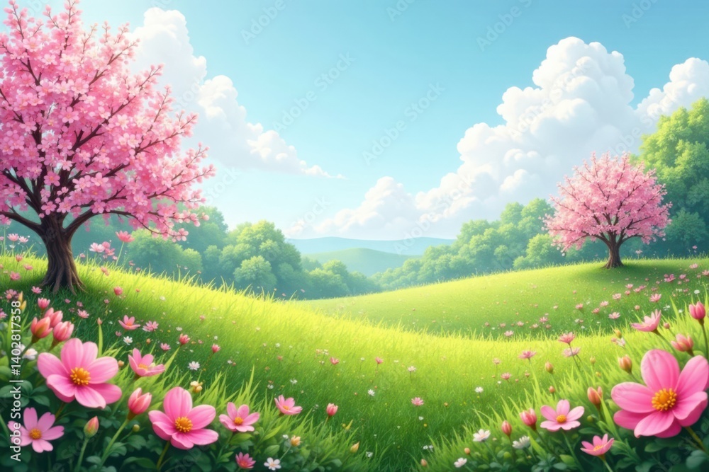 Fototapeta premium Pastel hues of spring landscape with blooming flowers and lush greenery, garden, spring