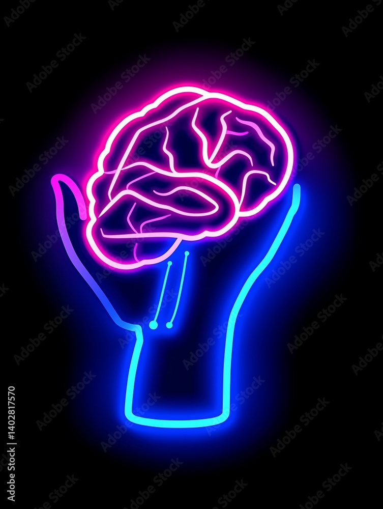 Obraz premium Brain in Neon Hand Illustration