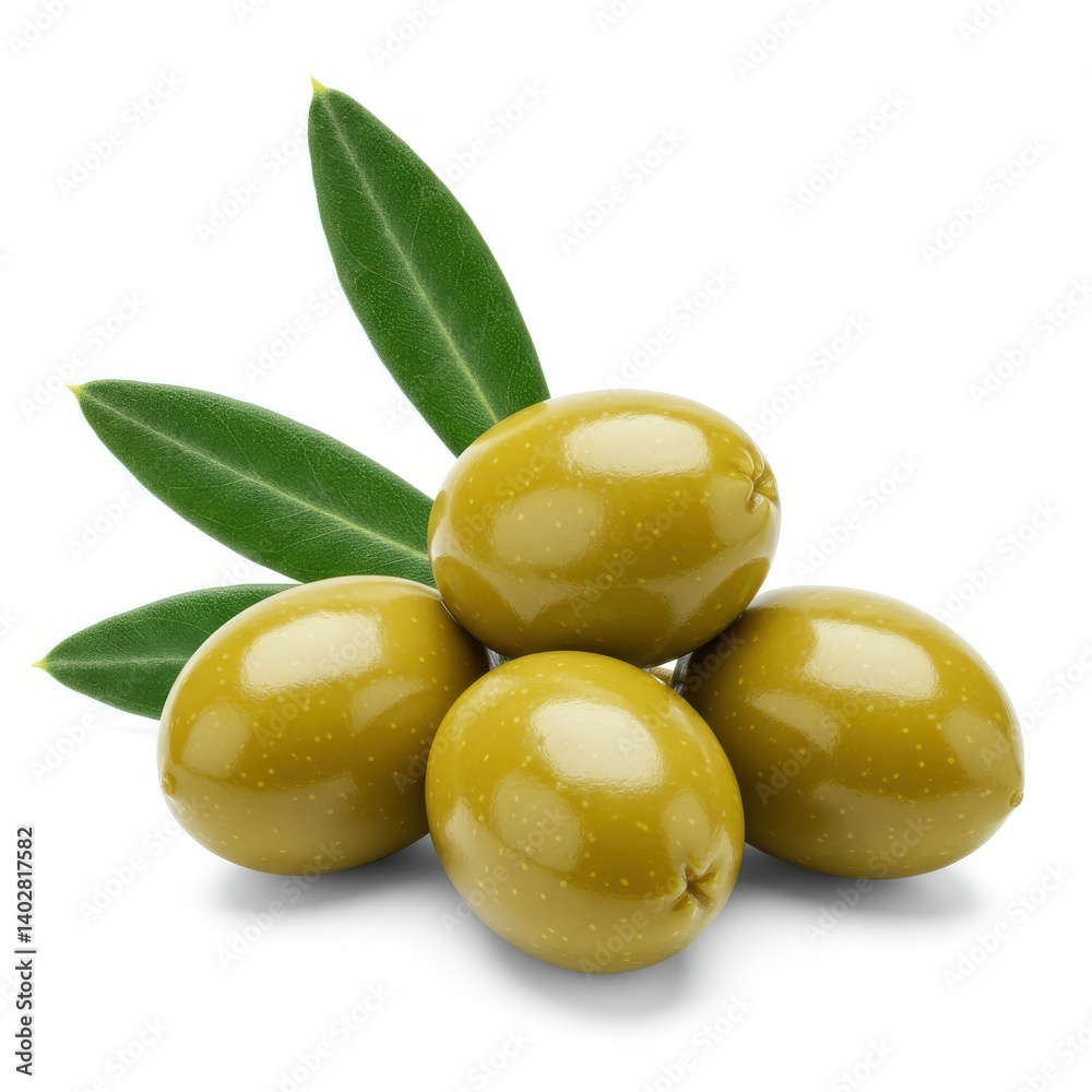 Pile of green olives with leaf on white background Pile of green olives with leaf on white background