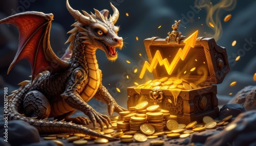 Gold and Riches A dragon guarding a treasure trove with golden stock graphs emerging from the piles of coins.