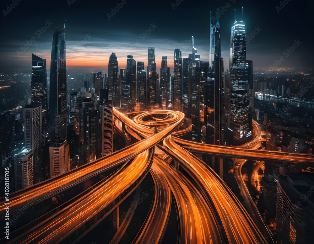 Fototapeta premium Cityscape at Night with Complex Interchange