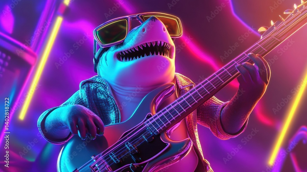 Obraz premium A shark musician plays electric guitar in a vibrant neon setting.