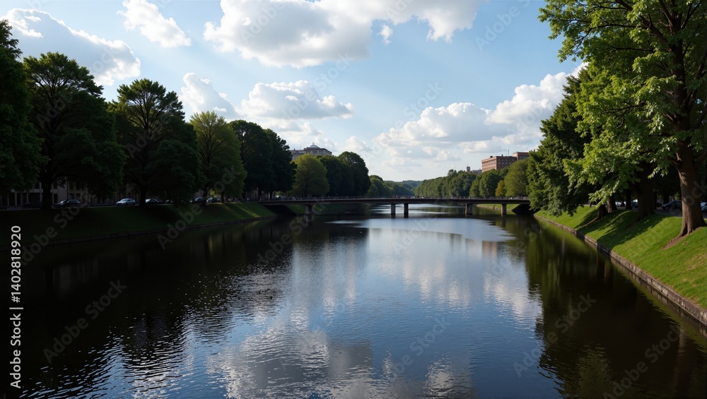 Urban River Landscapes in Germany Berlin featuring river flowing through park, bridge, trees, buildings, clouds. Concept of Urban River Landscapes in Germany Berlin and nature. Urban River Landscapes in Germany Berlin featuring river flowing through park, bridge, trees, buildings, clouds. Concept of Urban River Landscapes in Germany Berlin and nature.
