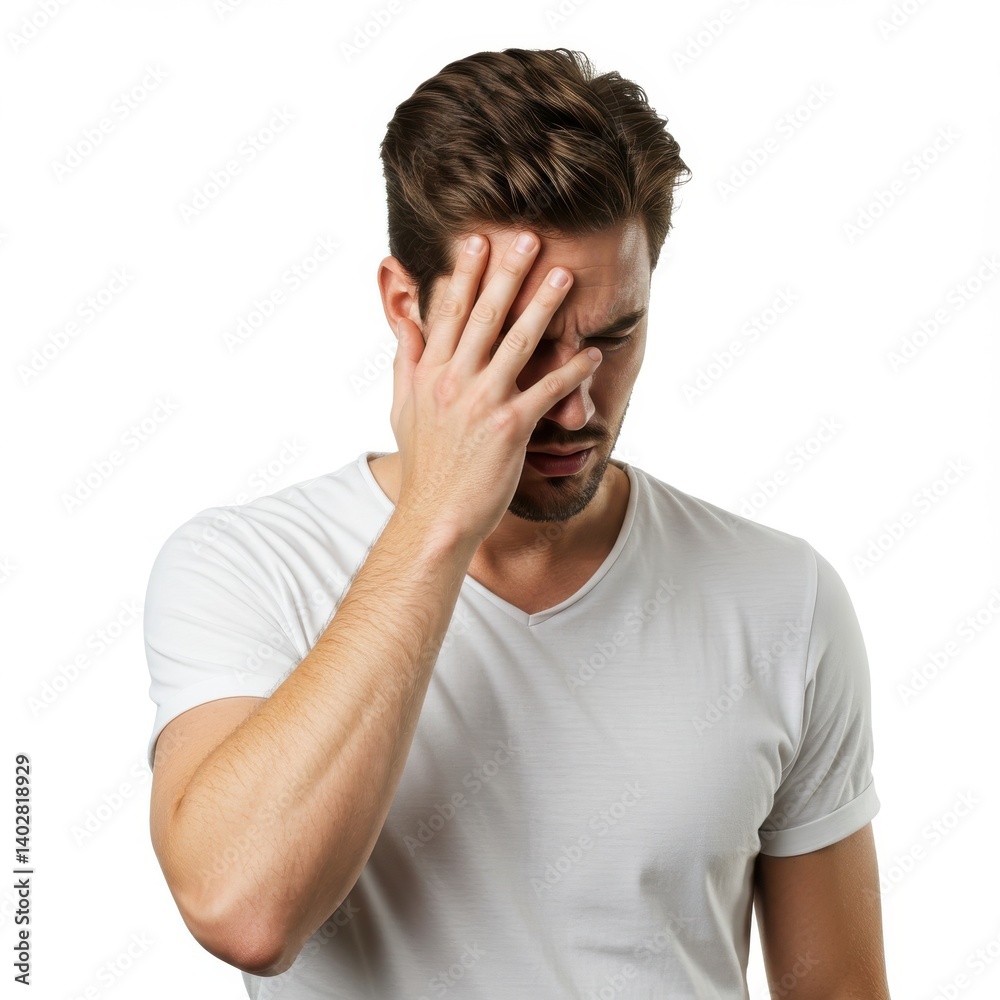 Man with hand on face feeling stress on white background Man with hand on face feeling stress on white background