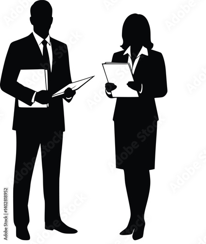 Black and white silhouette of two business professionals standing together, one holding a folder and the other a clipboard