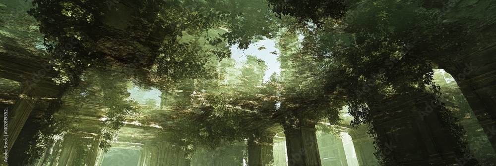 Forest scene with tall trees and sunlight filtering through the leaves.