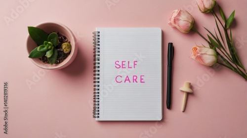Notebook with self-care message on pink background
