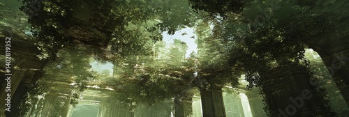 Forest scene with tall trees and sunlight filtering through the leaves.