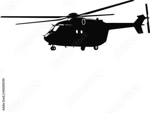 Black silhouette of a helicopter with detailed rotor blades and landing gear, showcasing an airborne vehicle in motion