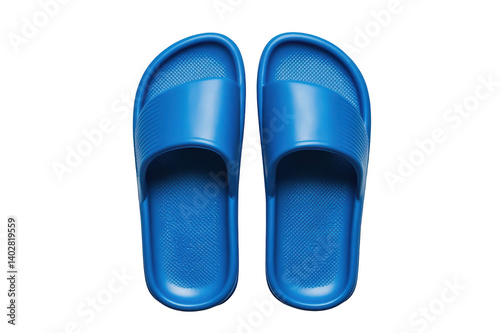 Pair of modern blue rubber beach slippers on transparent background