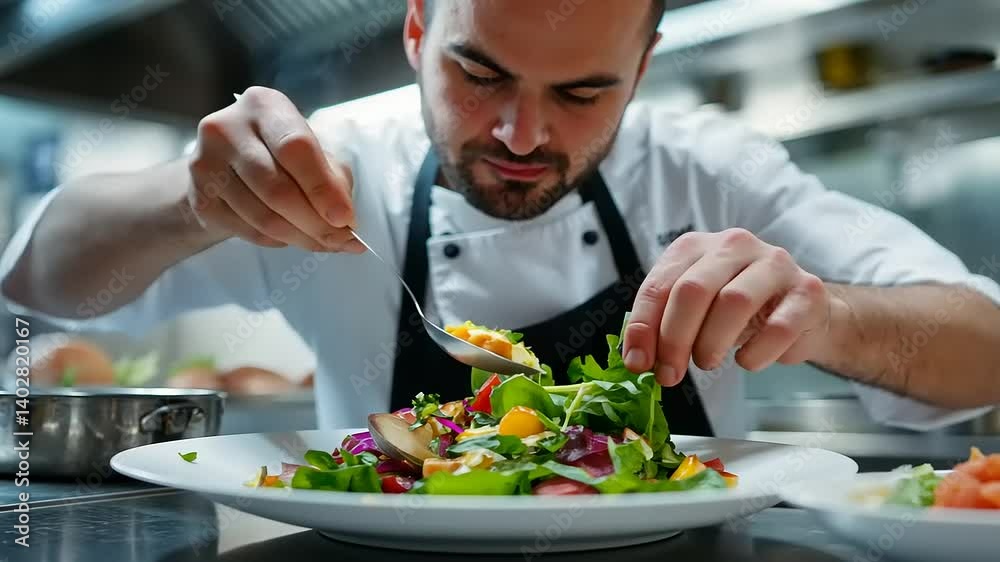 Chef meticulously arranging a vibrant salad in a bustling kitchen Chef meticulously arranging a vibrant salad in a bustling kitchen
