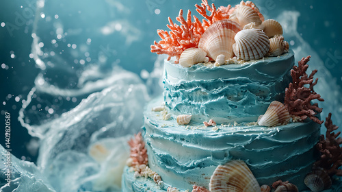 A two tiered ocean themed cake with edible shells coral details and shimmering blue waves