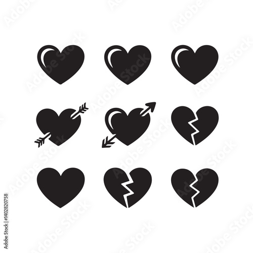  Set of black heart icons with variations including broken hearts, hearts with arrows, and romantic symbols in silhouette style