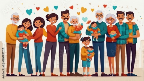 Happy family with parents holding hands and smiling