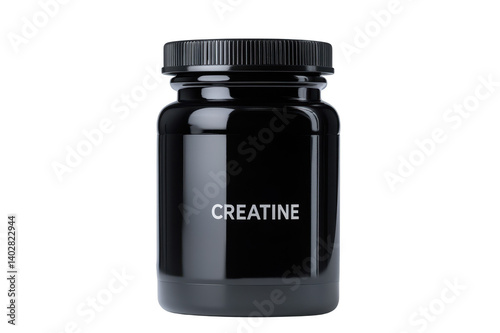 Glossy black plastic jar of creatine sport nutrition supplement isolated on transparent background