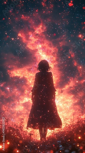 Dreamy Cosmic Silhouette Phone Wallpaper   Woman in Flowing Dress Surrounded by Swirling Galaxy Colors & Glowing Particles | Aesthetic Vertical Background


