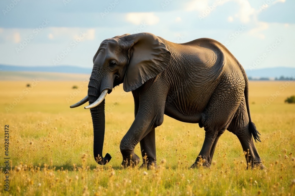 Obraz premium Majestic elephant shadow on savannah grass, elephant,